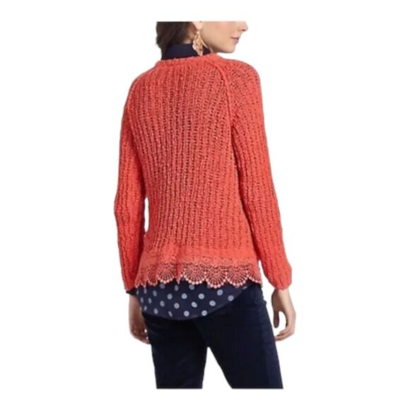 Anthropologie Knitted & Knotted Coral Open Knit Lace Hem Sweater Size Large - Picture 2 of 12
